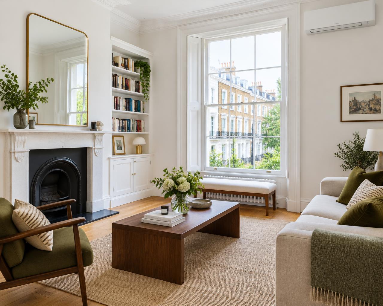 London townhouse lounge with a discreet wall-mounted air conditioner